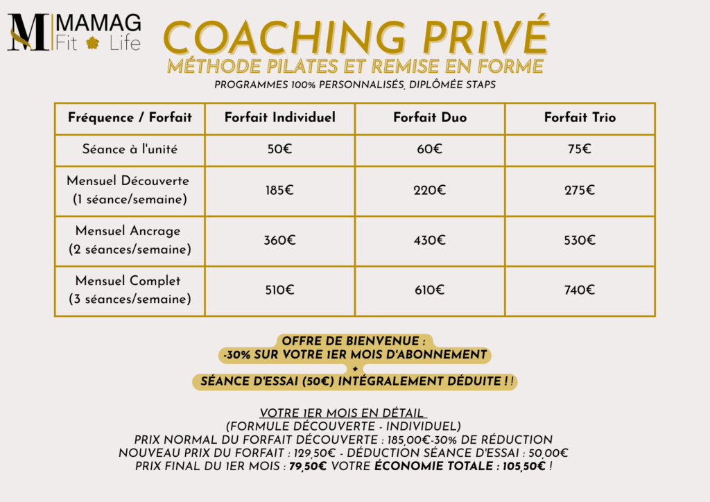 Grille tarifaire coaching privé Pilates et remise en forme à domicile Six-Fours-les-Plages.